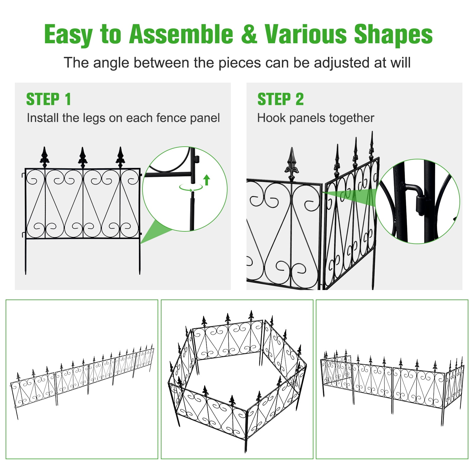 Kinbor 5 Panels Decorative Garden Fence Border Metal Garden Fencing Animal Barrier for Dogs Flower Edging for Yard, Black