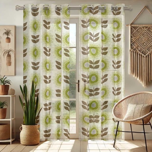 Vargottam Flower Print Sheer Curtains for Short Windows - Set of 2 Panels, 63", Grommet Top, Printed Georgette, Light Filtering Drapes for Kitchen or Bedroom