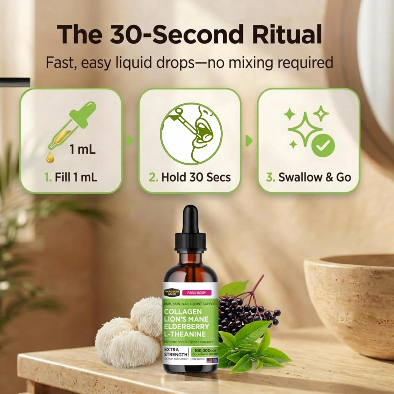 Liquid Collagen Peptides w/ Lions Mane Mushroom, Elderberry & L-Theanine – High Potency/Absorption Formula. Hair, Skin, Nail + Joint Support. Fight Brain Fog & Boost Immunity – Collagen Mojo - 2 oz.