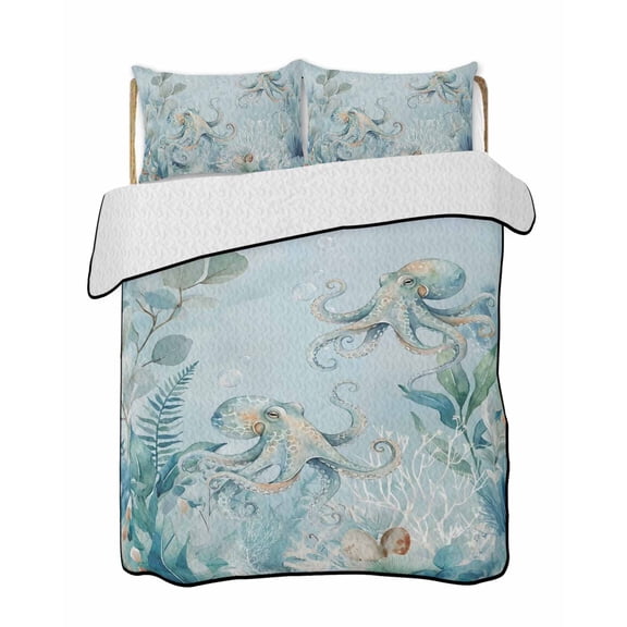 Twin Quilt Bedding Set, Coastal Octopus Reversible Summer Quilt 3 Pieces, Farmhouse Eucalyptus Leaf Marine Lifes Lightweight Bedspreads Coverlets with 2 Pillow Shams for All Seasons