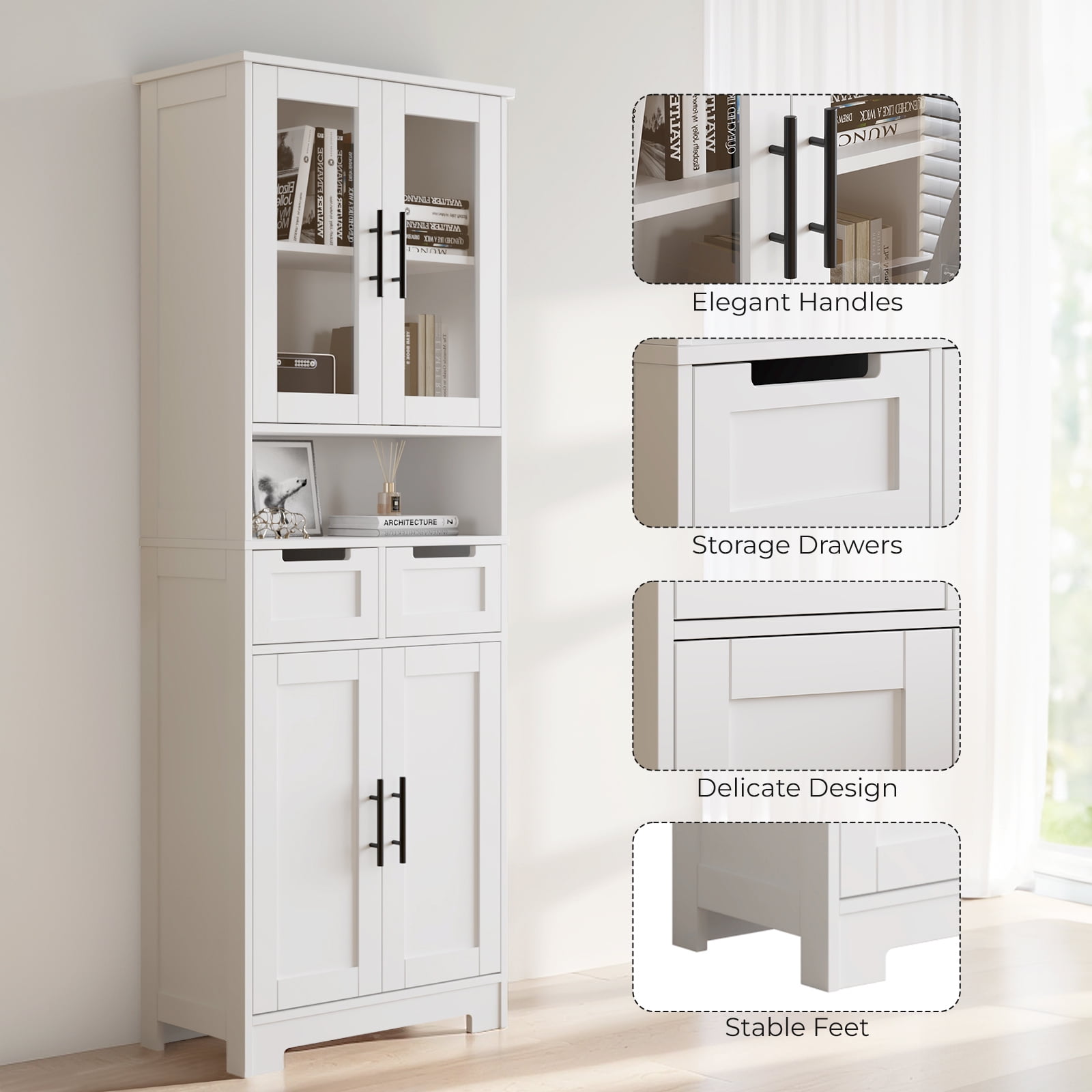 Ktaxon 67" Tall Bathroom Cabinet with 2 Drawers, Floor Storage Cabinet Wardrobes, 4 Door Wooden Cupboard Adjustable Shelf, White