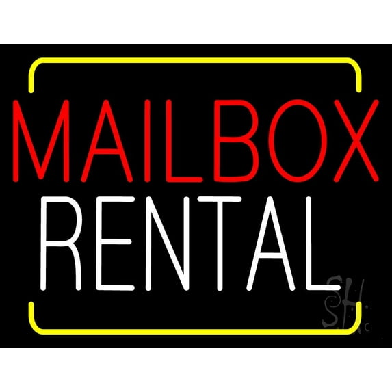 Red Mailbox Blue Rental With Yellow Border LED Neon Sign 15 x 19 - inches, Black Square Cut Acrylic Backing, with Dimmer - Bright and Premium built indoor LED Neon Sign for Wall decor and storefront