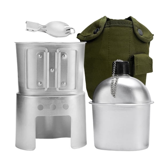 BeGrit Military Canteen Army Canteen WWII Canteen Kit with Aluminum Cup Stainless Steel Foldable Spoon Fork for Hiking Backpacking Camping, 1 Quart