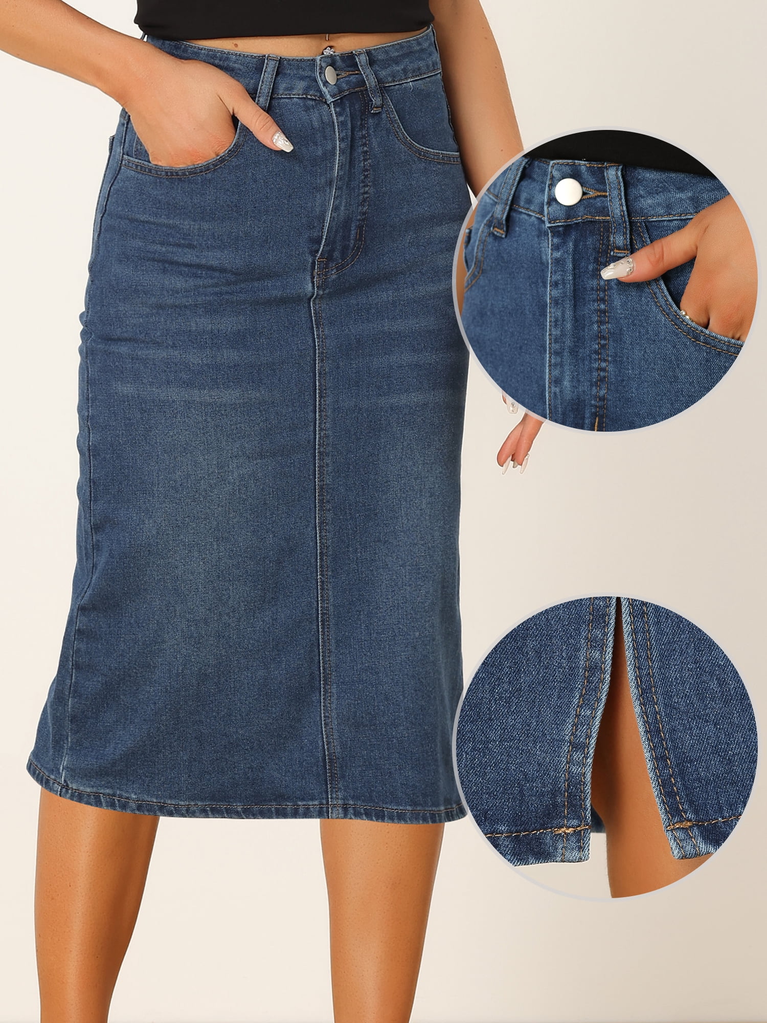 DARING DIVA Women's Denim Split Back Pockets Midi Jean Skirts L Blue