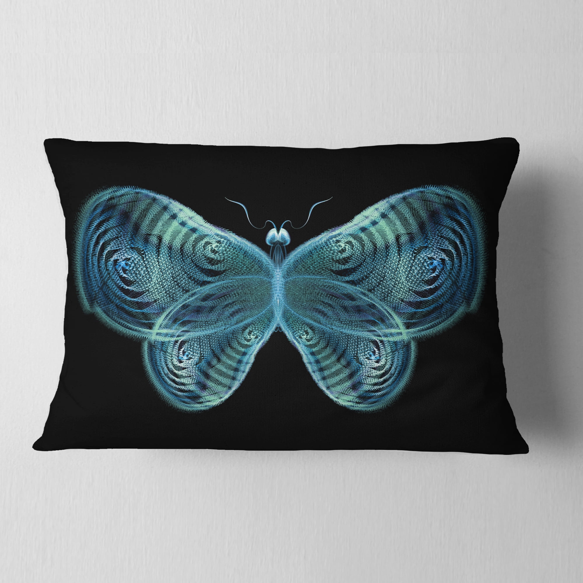 Designart Light Blue Fractal Butterfly in Dark - Abstract Throw Pillow - 12x20