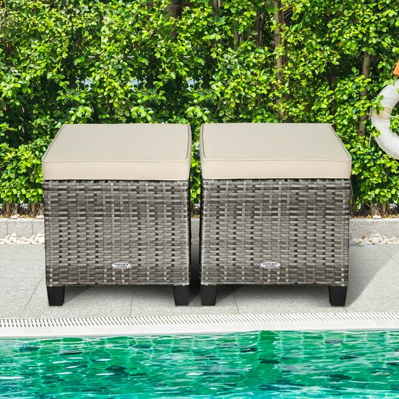 Gymax Set of 2 Rattan Patio Ottoman Footrest Wicker Footstool w/ Beige Cushions