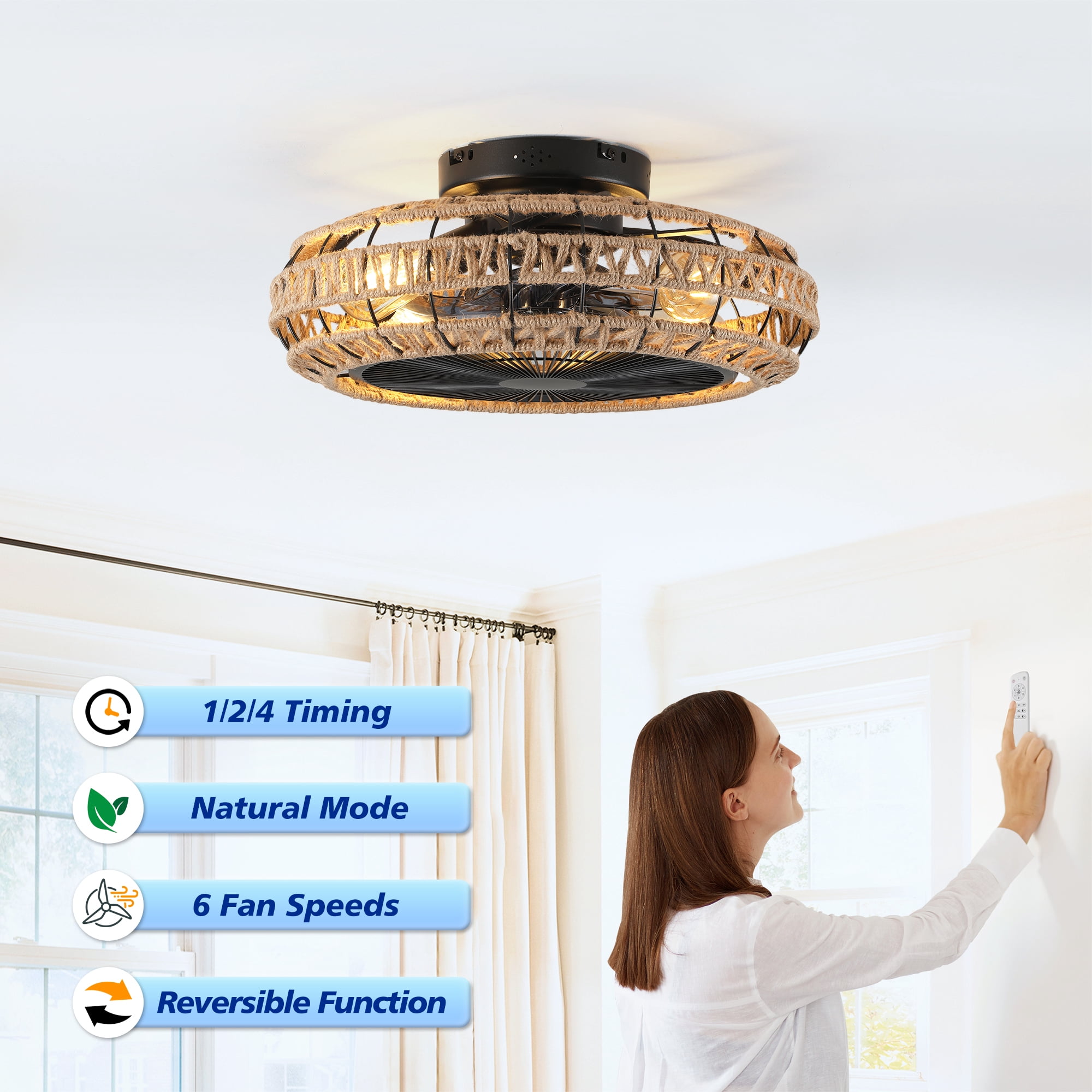 Leumius 20" Vintage Rope Fan Light with Light and Remote Control 6 Speed Adjustable Airflow Ceiling Fan for Living Room Bedroom Kitchen (NOT Included Bulbs)