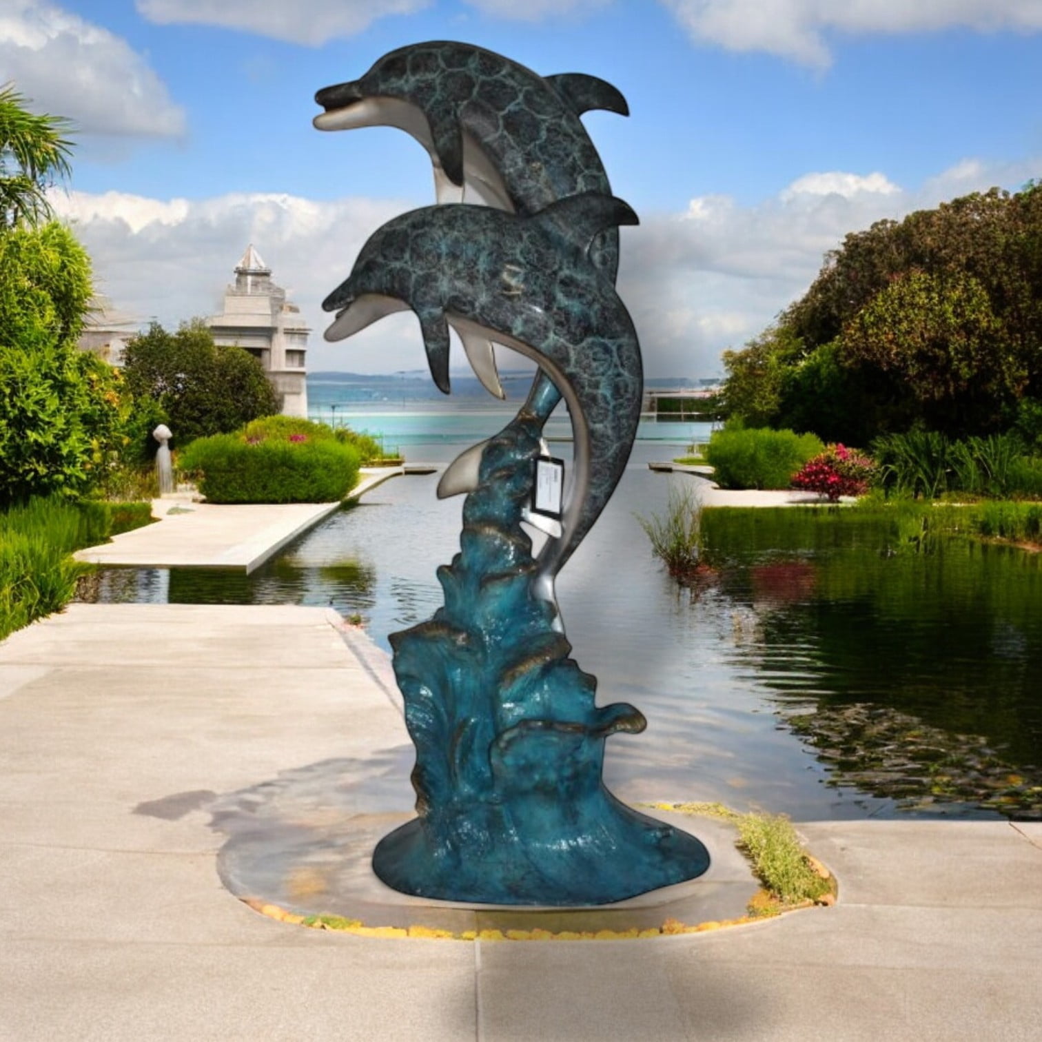 Nifao Two Dolphins Outdoor Fountain Statue, Bronze Garden Water Feature Sculpture for Patio & Yard – Garden Outdoor Decor Sculpture, 22"L x 12"W x 46"H