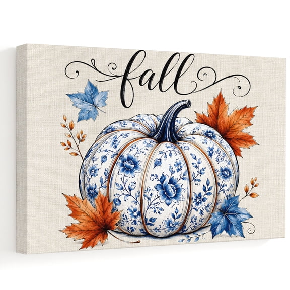 Thanksgiving Canvas Wall Art, Fall Blue Flower Porcelain Pumpkin Orange Maple Leaf Wall Art Prints Artwork Framed Canvas Ready to Hang Art Pictures for Bathroom, Dressing Table, Entryway 12" x 8"