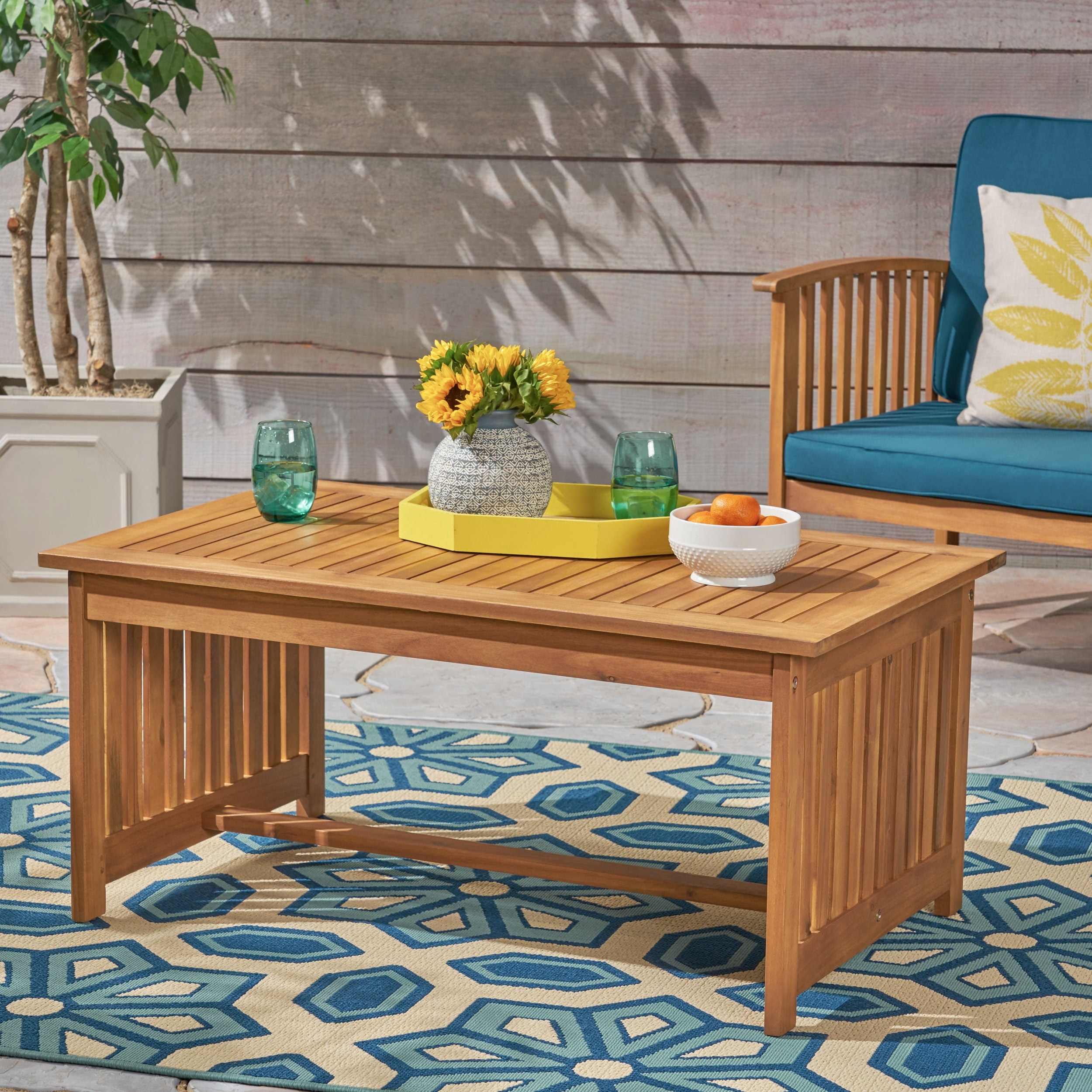 Outdoor Coffee Table, Solid Acacia Wood Center Table for Patio Garden, Teak