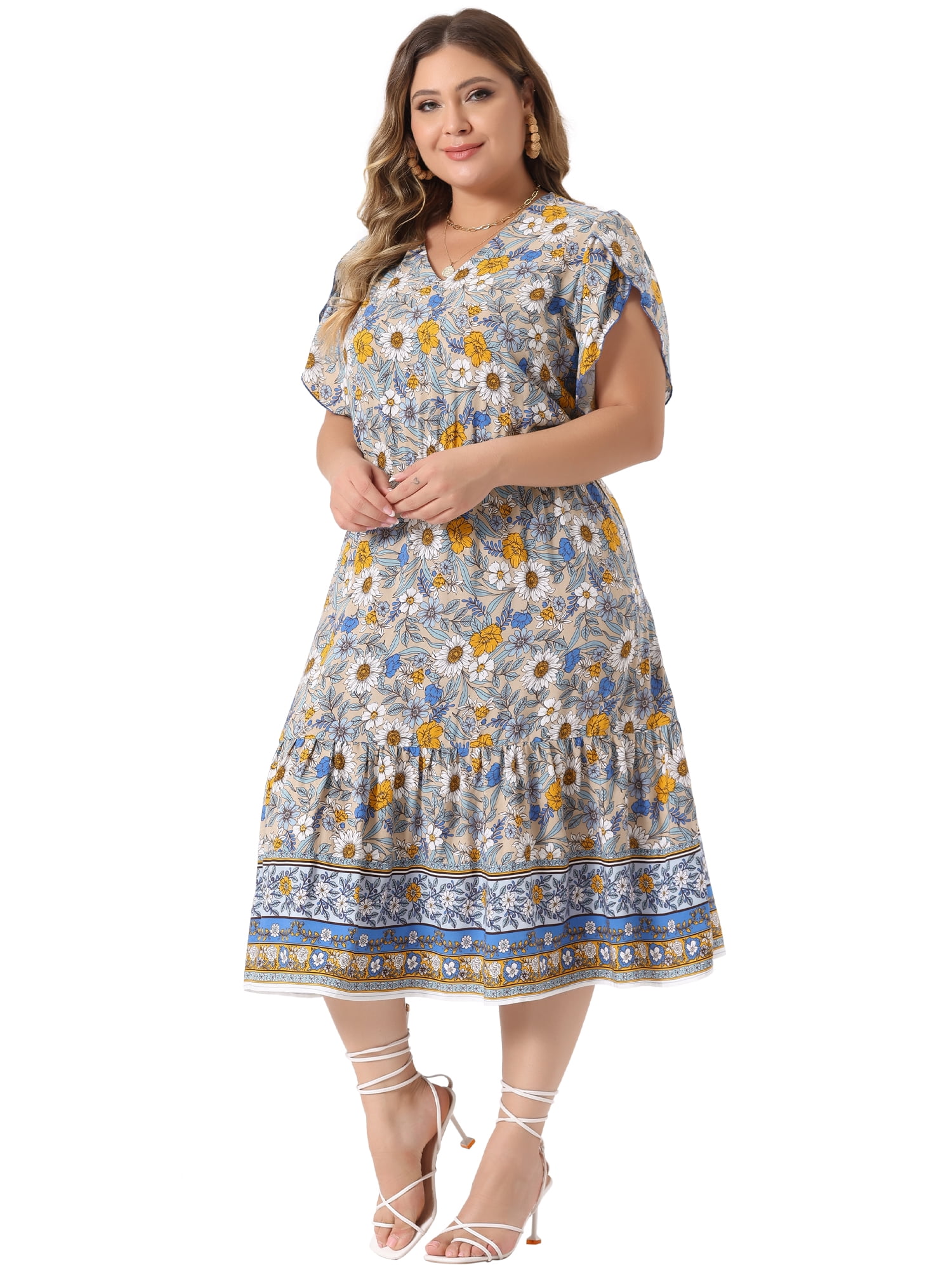 DARING DIVA Plus Size V Neck Short Sleeve Floral Midi Dress 1X Beige