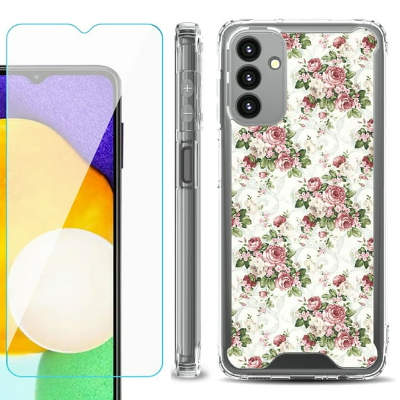 Shockproof Bumper Phone Case for Samsung Galaxy A13 5G, with Tempered Glass Screen Protector, by OneToughShield ® - Floral/Rose