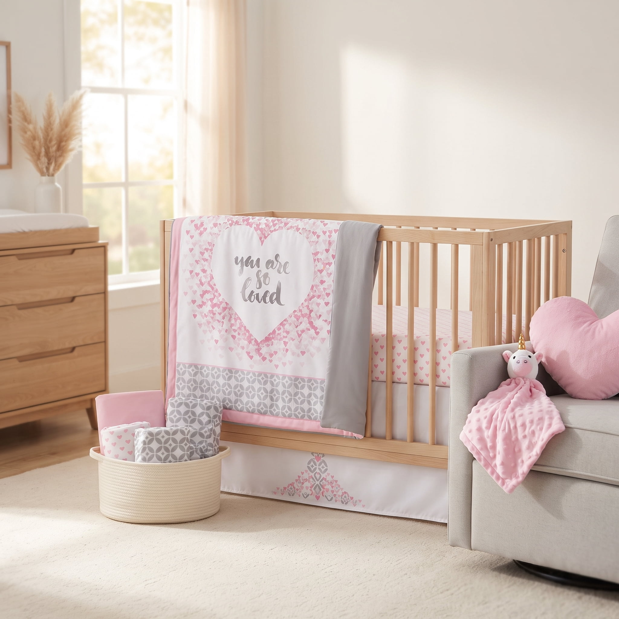 Manhattan Kids You Are So Loved Nursery Bedding Set | 7-Piece Crib Sheet & Nursery Décor Collection | Heart Theme for Baby Girls