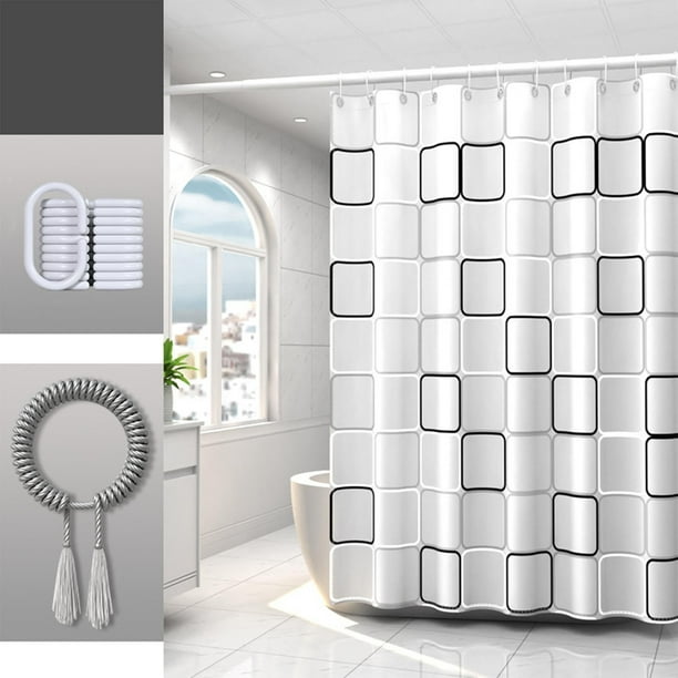Cortina de ducha de baño impermeable con revestimiento extraíble | Anillos divididos sin gancho | Diseño floral de alta gama | Ventana transparente ventilada | Lavable | Azul | Incluye 12 ganchos y