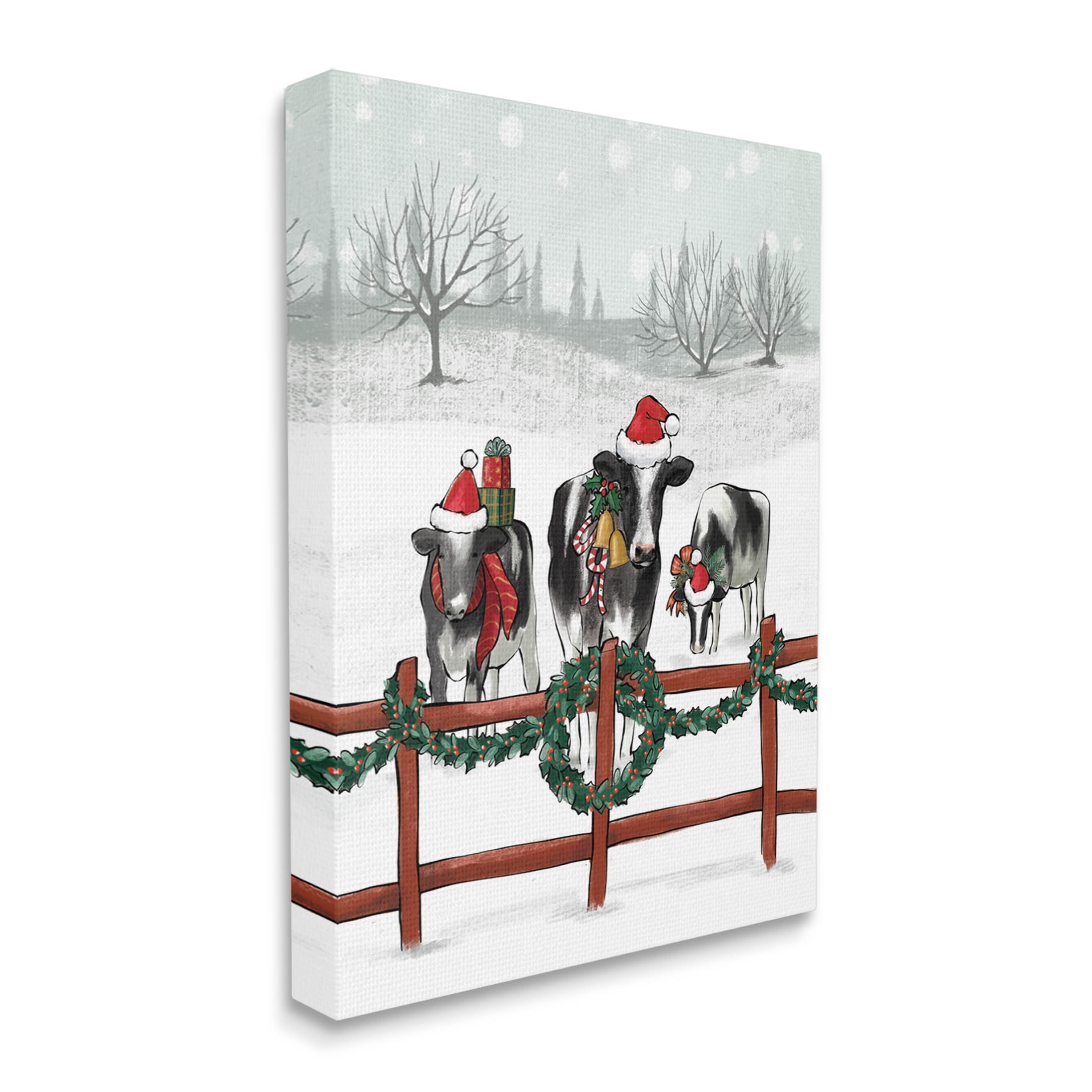 Holiday Cows Farmland Fence Holiday Graphic Art Gallery Wrapped Canvas Print Wall Art