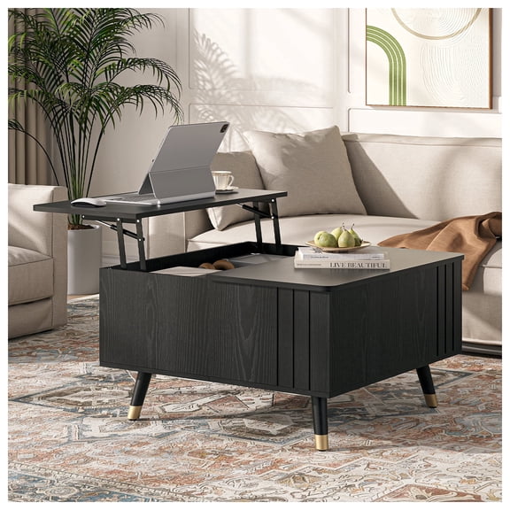 JOINICE Lift Top Coffee Table with Hidden Storage Space, Wood Square Center Table,for Living Room, Black