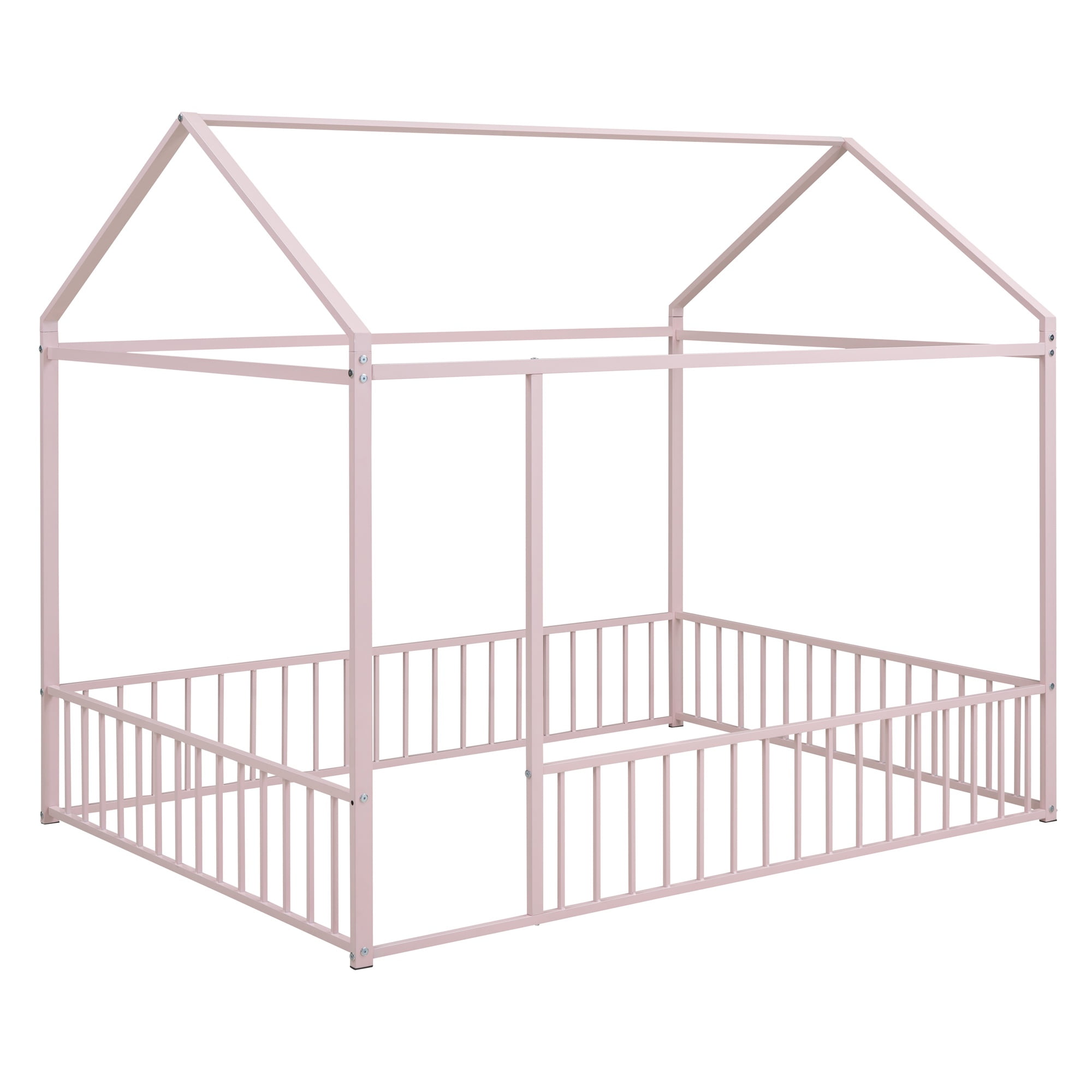 Gewnee Full Size Metal House Bed with Fence,Montessori Floor Bed for Toddler and Kids,Pink