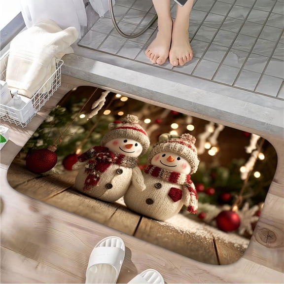 1pc Snowmen in Christmas Absorbent Non-Slip Bathroom Thickened Flannel Rug Decor,Soft,Quick Drying,Suitable For Indoor/outdoor Use,Bathrooms,Bedrooms,Kitchens,Terrace,Laundry Rooms,16"x24"