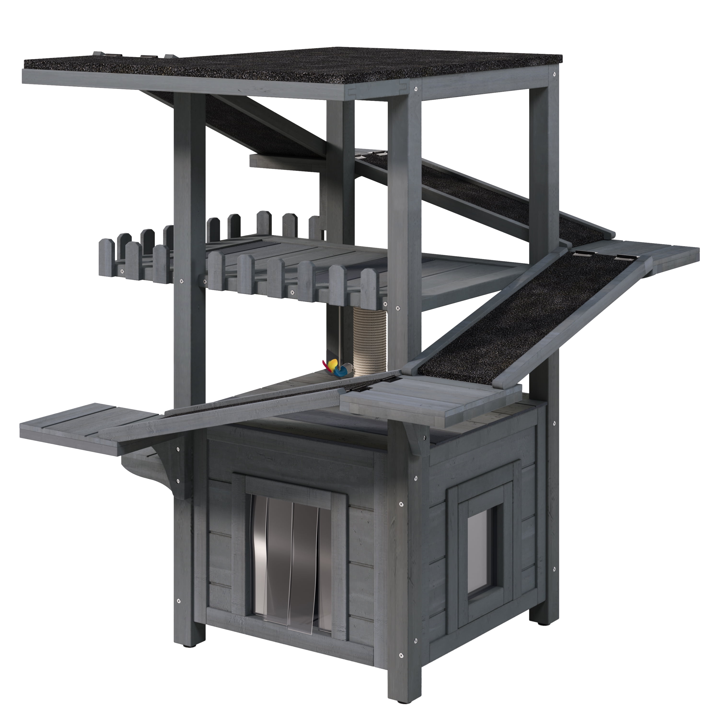 DRNANLIT 4 Tiers Outdoor Cat House, Weatherproof Cat Tree Tower with Waterproof Roof & 2 Doors, Feral Cat Shelter Outside Enclosure, Multi-Level Play Zones with Balcony, for Small Animals, Grey