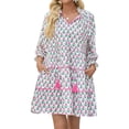 thumbnail image 6 of Floral Print Loose Long Sleeved Women V-neck Ruffle Tassel Mini Dress, 6 of 7
