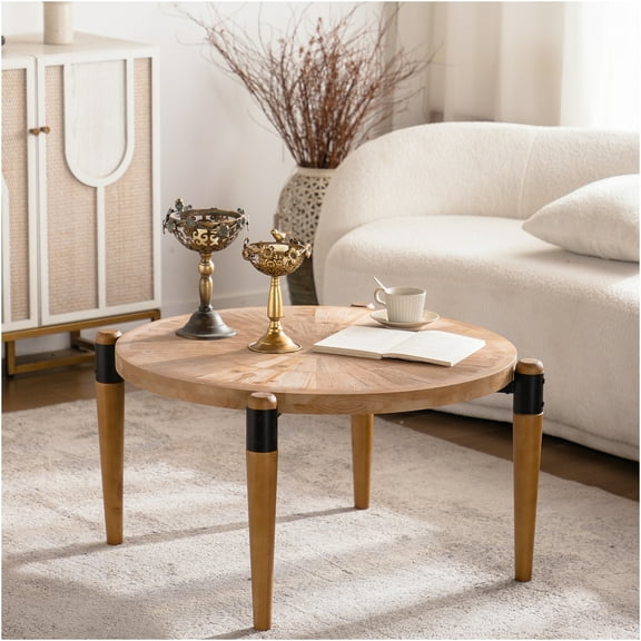 JERFIT 42 inch Round Coffee Table, Solid Wood Modern Farmhouse Cocktail Table with Rustic Charm for Living Room, Bedroom, Home Office