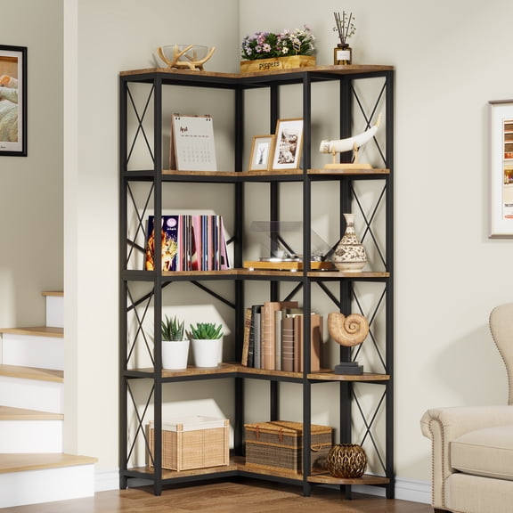 Condemo 5-Tier Reversible L-Shaped Bookshelf, Modern Industrial Corner Bookcase, 5-Shelf Large Storage Shelf Display Rack with Metal Frame for Living Room, Home Office, Bedroom, Rustic Brown