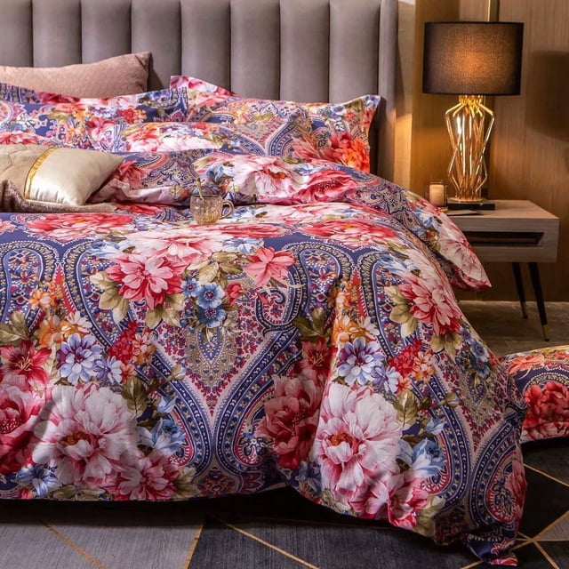 Tamaño Flor Paisley Patrón Ropa de cama de algodón 3Pcs Funda Nórdica Set Colorido