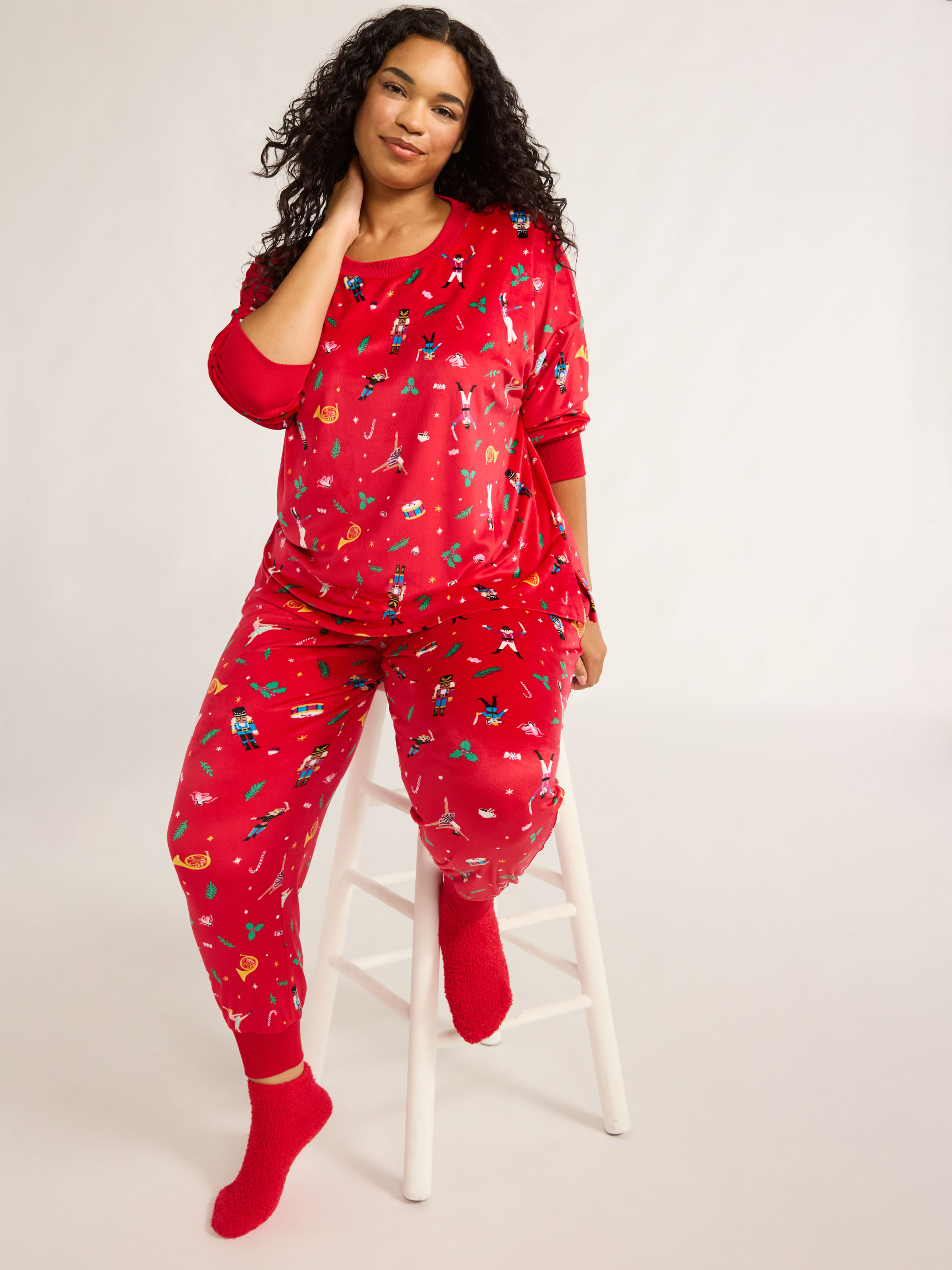 Joyspun Women's Stretch Velour Pajama Set with Socks, 3-Piece, Sizes XS-3X