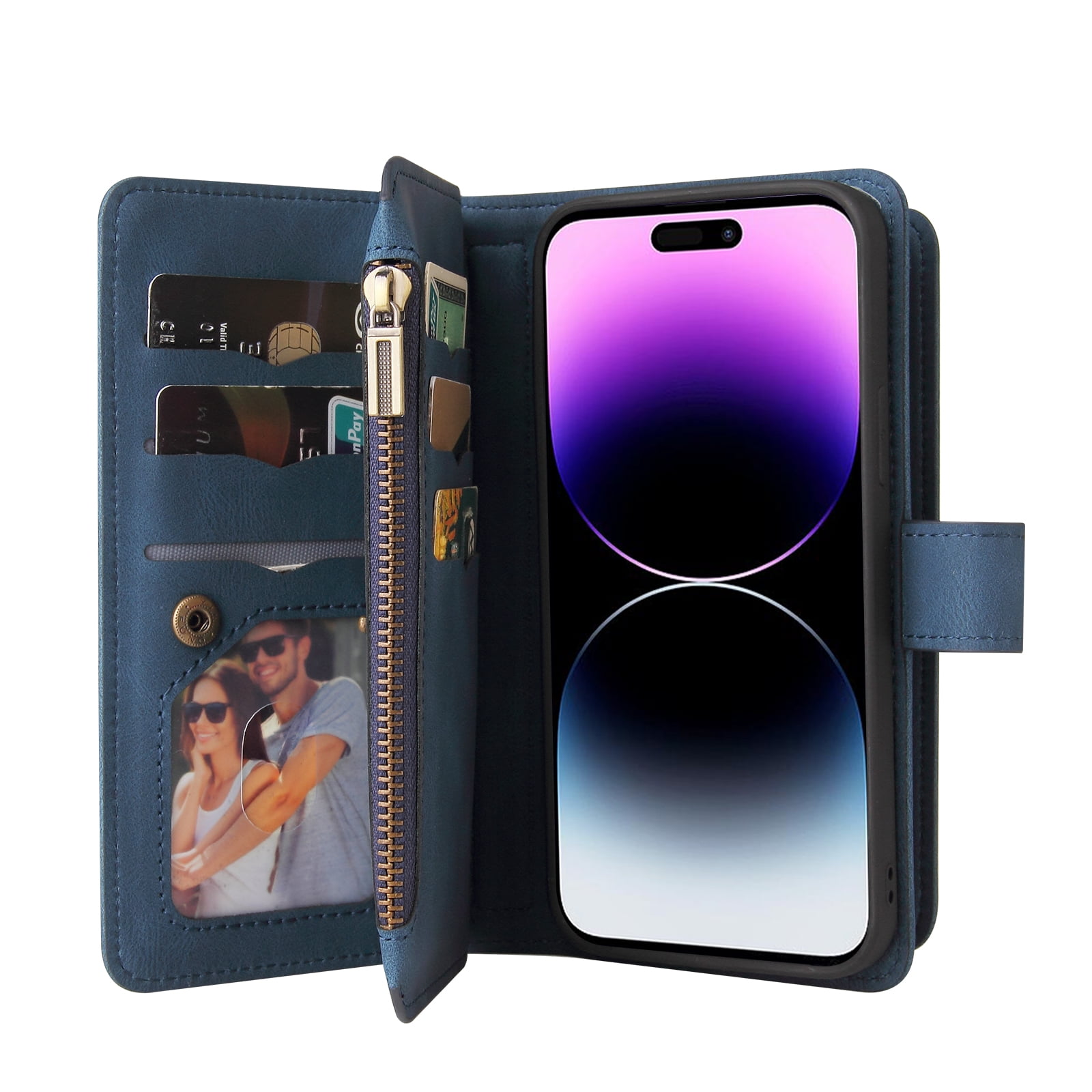 TECH CIRCLE Wallet Case For iPhone 15 Plus,PU Leather Zipper Handbag Purse Flip Cover Kickstand Folio Women Case with Card Slots Holder Wrist Strap for Apple iPhone 15 Plus 6.7" 2023,Blue