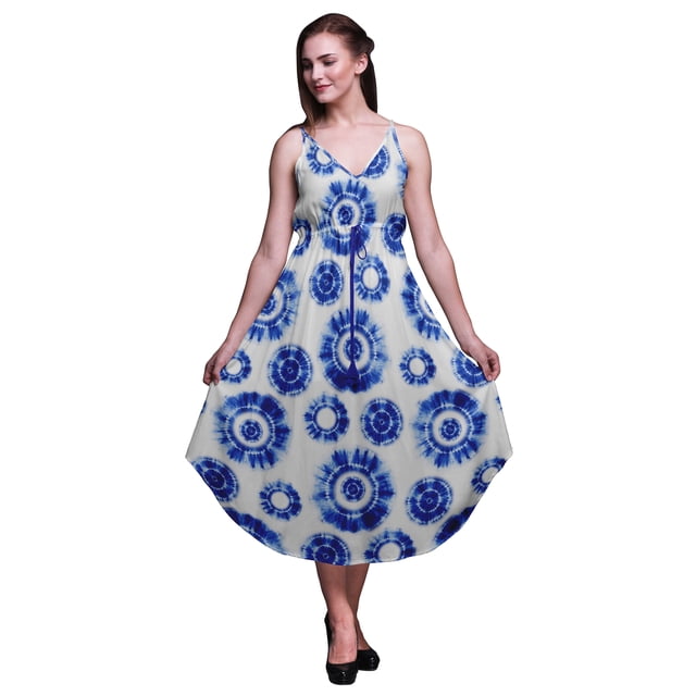 Bimba Robe Imprimée Florale Teinture sur Nœuds pour Femmes Bretelles Spaghetti Col en V Midi Plage-Large
