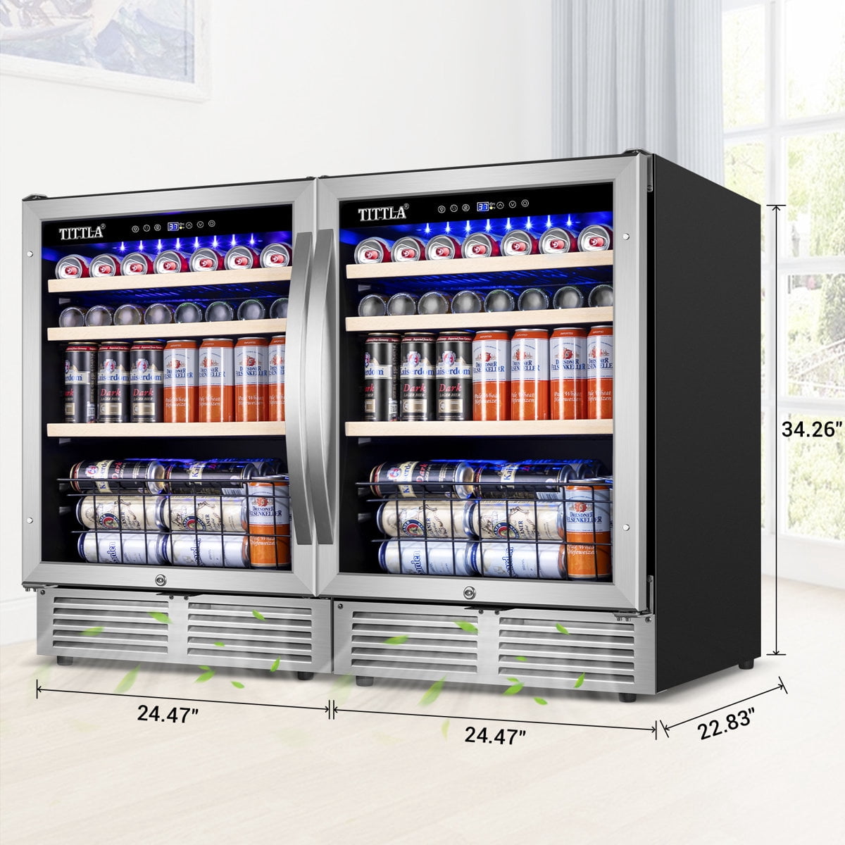 48" Beverage Refrigerator 360 Can Dual Zone Built-in Split Beer Cooler with Four Handles