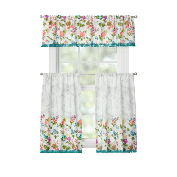 The Pioneer Woman Blooming Bouquet 3 Piece Tier Set, Multi, Recycled Polyester, BCI Cotton, 60"W x 14"L, Indoor Curtain, Adult