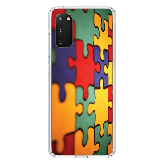 DistinctInk Clear Shockproof Hybrid Case for Galaxy S20 ULTRA / 5G (6.9" Screen) - TPU Bumper, Acrylic Back, Tempered Glass Screen Protector - Red Blue Yellow Puzzle Pieces - Austism Awareness