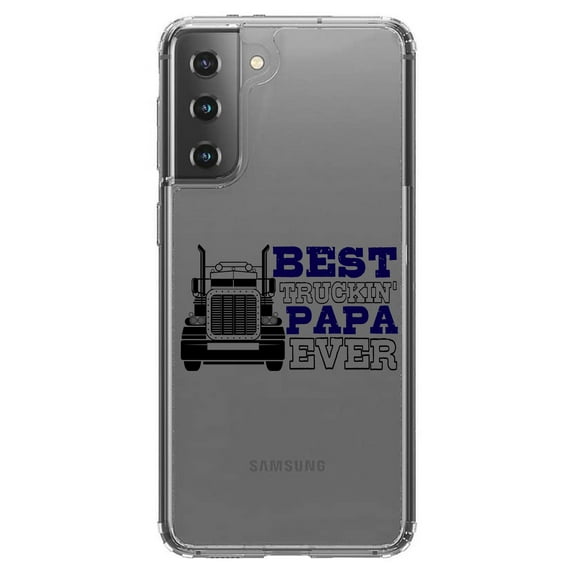 DistinctInk Clear Shockproof Hybrid Case for Galaxy S21 5G (6.2" Screen) - TPU Bumper Acrylic Back Tempered Glass Screen Protector - Best Truckin' Papa Ever