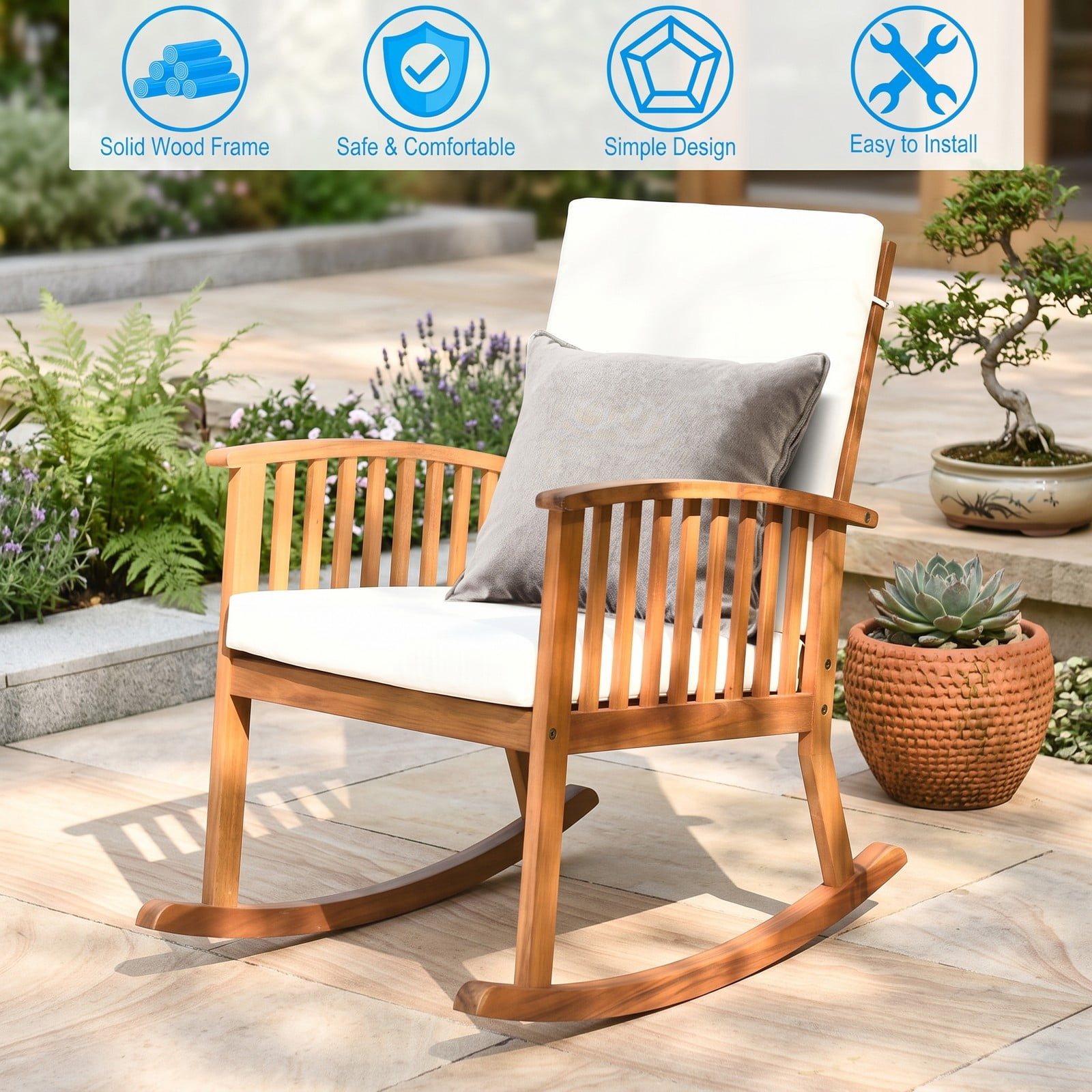 Furnibear Outdoor Acacia Wood Rocking Chair with Detachable Washable Seat and Back Cushions for Patio, Garden and Porch, Teak