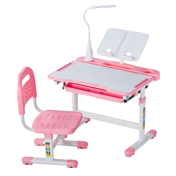 Kids Desk and Chair Set, Height Adjustable & Tilt Desktop 0-40° with Lamp, Study Table for Bedroom & Study Room, Pink