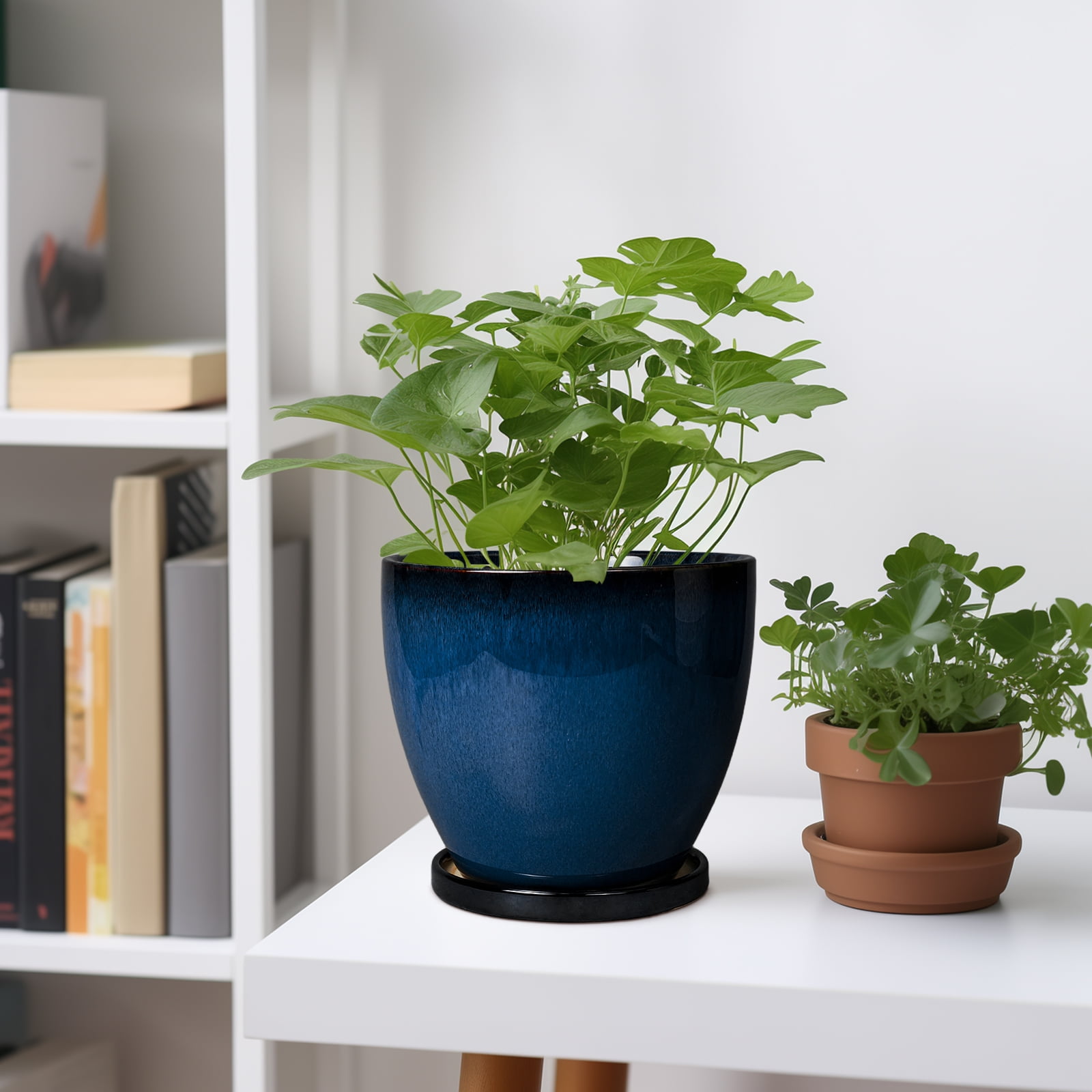 Ordivic 6 inch Blue Ceramic Plant Pots with Drainage Hole & Saucer for Succulents, Herbs & Indoor Outdoor Houseplants