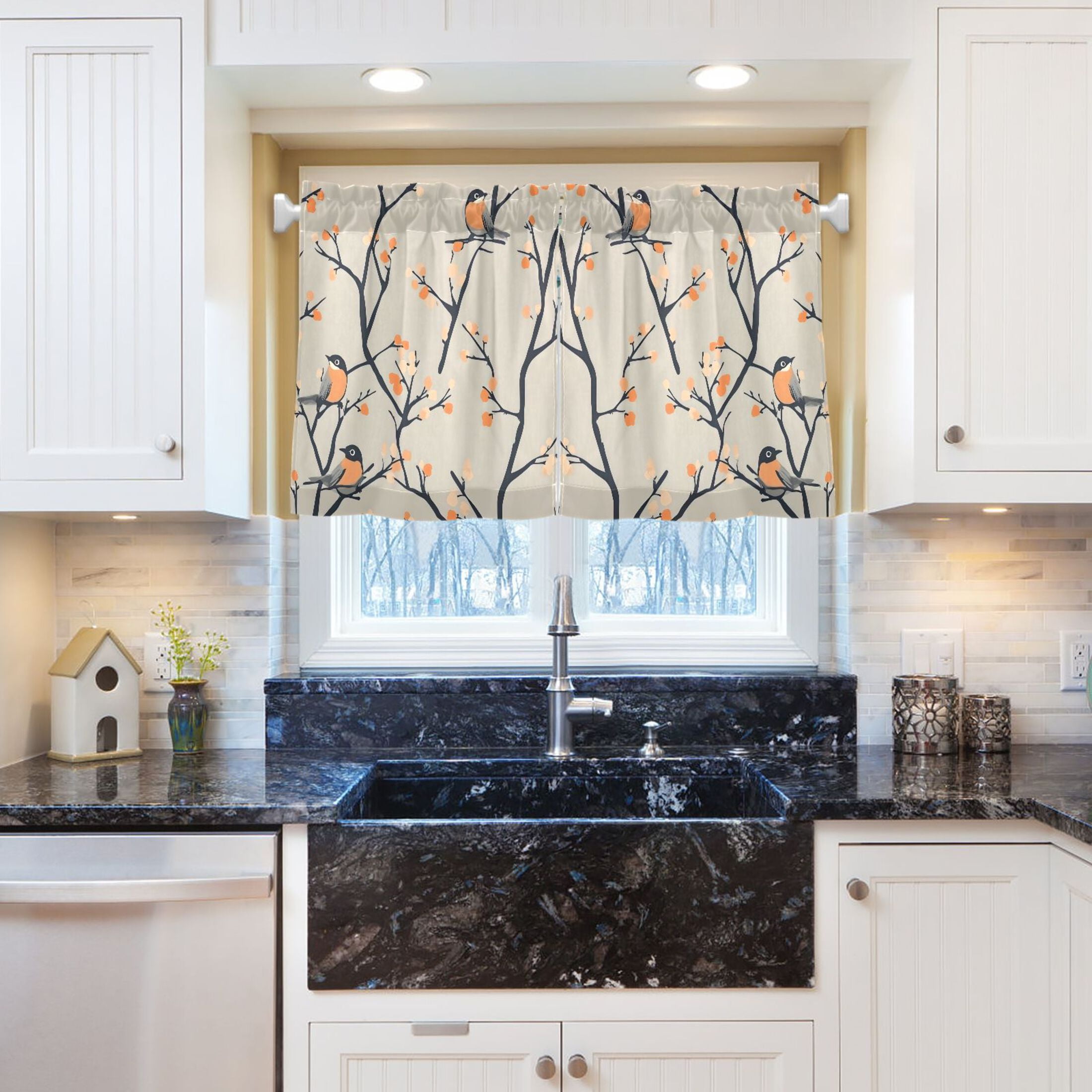 Linen Kitchen Curtains Birds on Branches Pattern Tier Curtains Tier Kitchen Living Room Bedroom Balcony 2 Panels 27x36 Inch