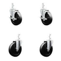 5 Inch Hard Rubber Wheel Swivel 3/4 Inch Square Stem Caster Set 2 Brakes SCC