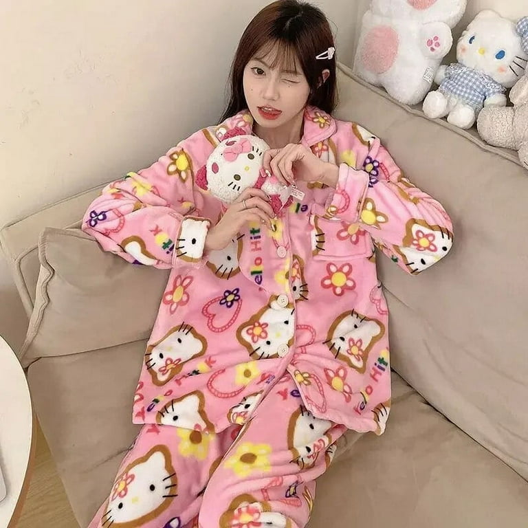 Conjunto de pijama feminino pijamas para dormir anime Kawaii presentes de Natal Sanrio Hello Kitty Cinnamoroll inverno 2023