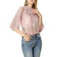 thumbnail image 6 of MODA NOVA Junior's 3/4 Sleeves Ruffle Mock Neck Lace Pullover Tops Pink XXL, 6 of 6