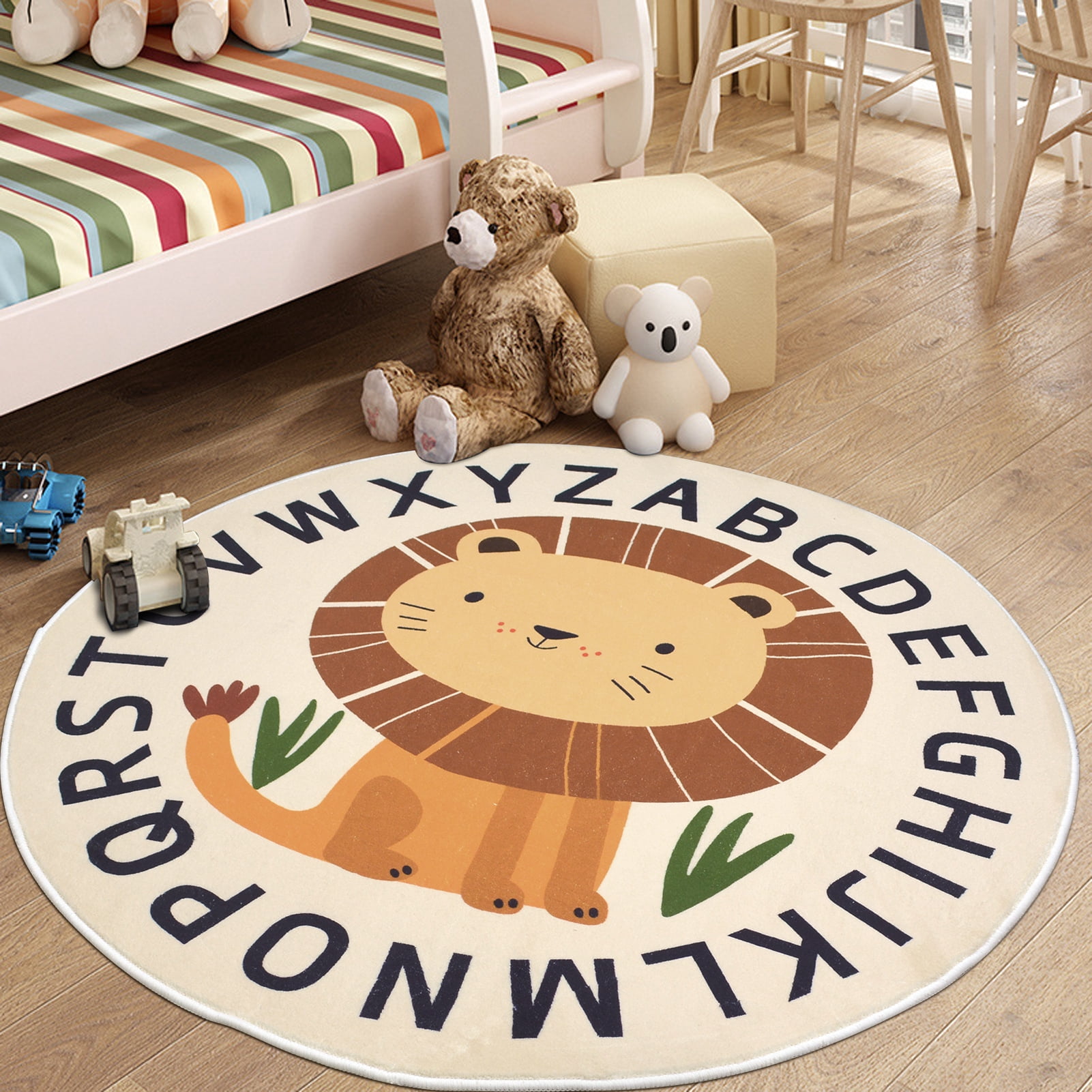 LANPEI Kid Rugs Animal Play Rug 4Ft Large Round Lion Play Mat Soft Alphabet Educational Rug Nonslip Circle Baby Crawling Mat for Boys Girls Floor Carpet for Kids Playroom Nursery Decor, Sitting