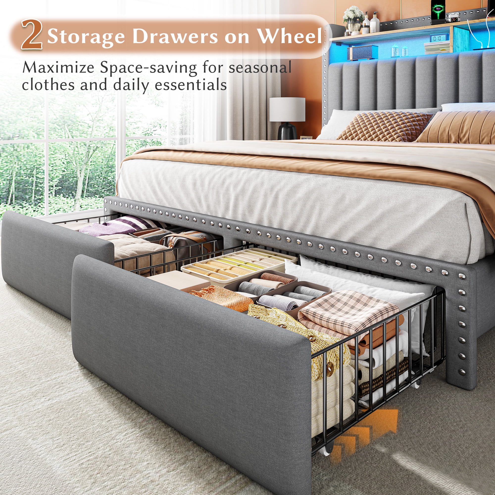 EnHomee Full Size Bed Frame with 2 Drawers & 2-Tier Storage Shelf Upholstered Bed Frame Full with Headboard Full Bed Frame with Storage & LED Lights & Charge Station, No Box Spring Needed, Gray
