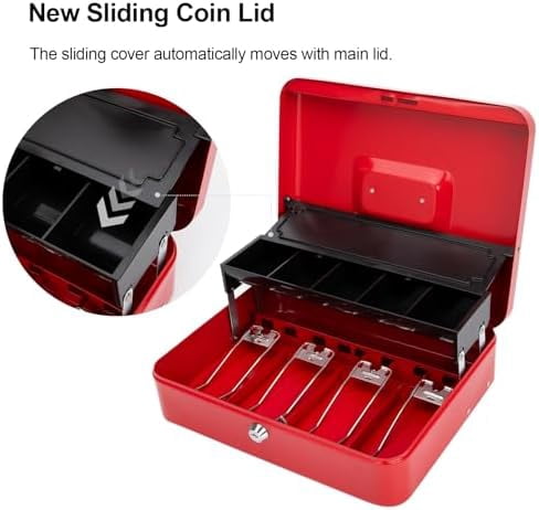 Cash Box with Money Tray and Lock -Red Cash Box with Key Lock Safe Money Box Large, Locking Cash Register Drawer Box for Money, 11.8'' x 9.5'' x 3.5'', SM-CB005RED