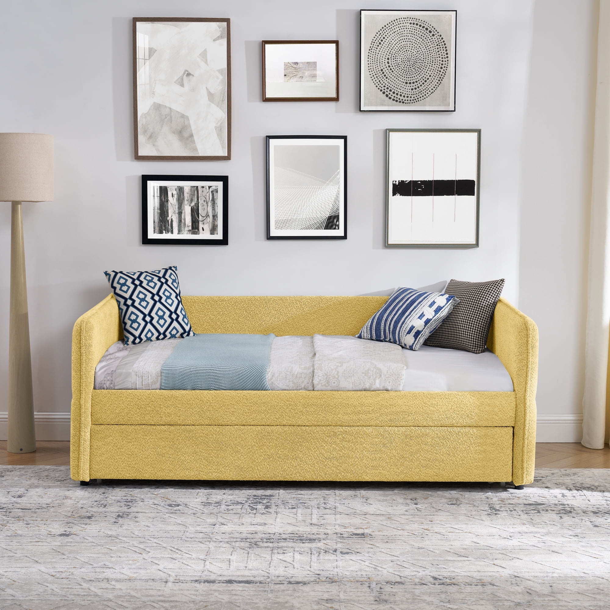Mintazer Twin Upholstered Daybed with Trundle, Boucle Fabric Sofa Bed for Living Room & Bedroom, Yellow