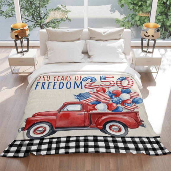 Flannel Fleece Throw Blanket 4th of July 250 Years of Freedom Lightweight Soft Plush Blankets 60x80in, Farm Red Truck Balloon on Flax Cozy Warm Throw Blanket for Couch Sofa Bed Car Office