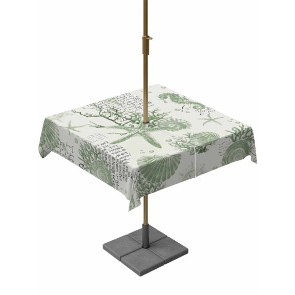 Outdoor Tablecloth with Umbrella Hole, Sage Green Coastal Spillproof Waterproof Outdoor Table Cover, Coral Starfish Nautical Compass Patio Tablecloths for Party/Garden/Picnic, Square 60"x60"