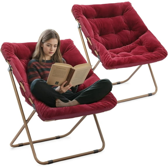 YEXJ Saucer Chair for Adult, Square Comfy Cozy Chair Folding Chair Faux Fur Metal Frame Foldable Reading Chair Accent Chair for Bed Room Living Room Set of 2-Red
