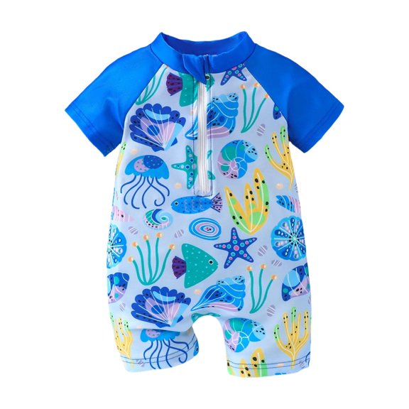 Landzoo Boys Swim Wear Graphic Print Short Sleeve Crew Neck One Piece Onesie Summer Cozy Soft Toddler Kids Boys Jumpsuits Size 9-12 Months Sky Blue