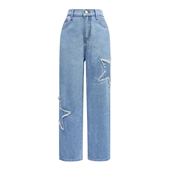 KAUOD Girls Vintage Jeans Heart Ripped High Waist Denim Pants Kids Straight Washed Retro Distressed Denim Trousers Bottom